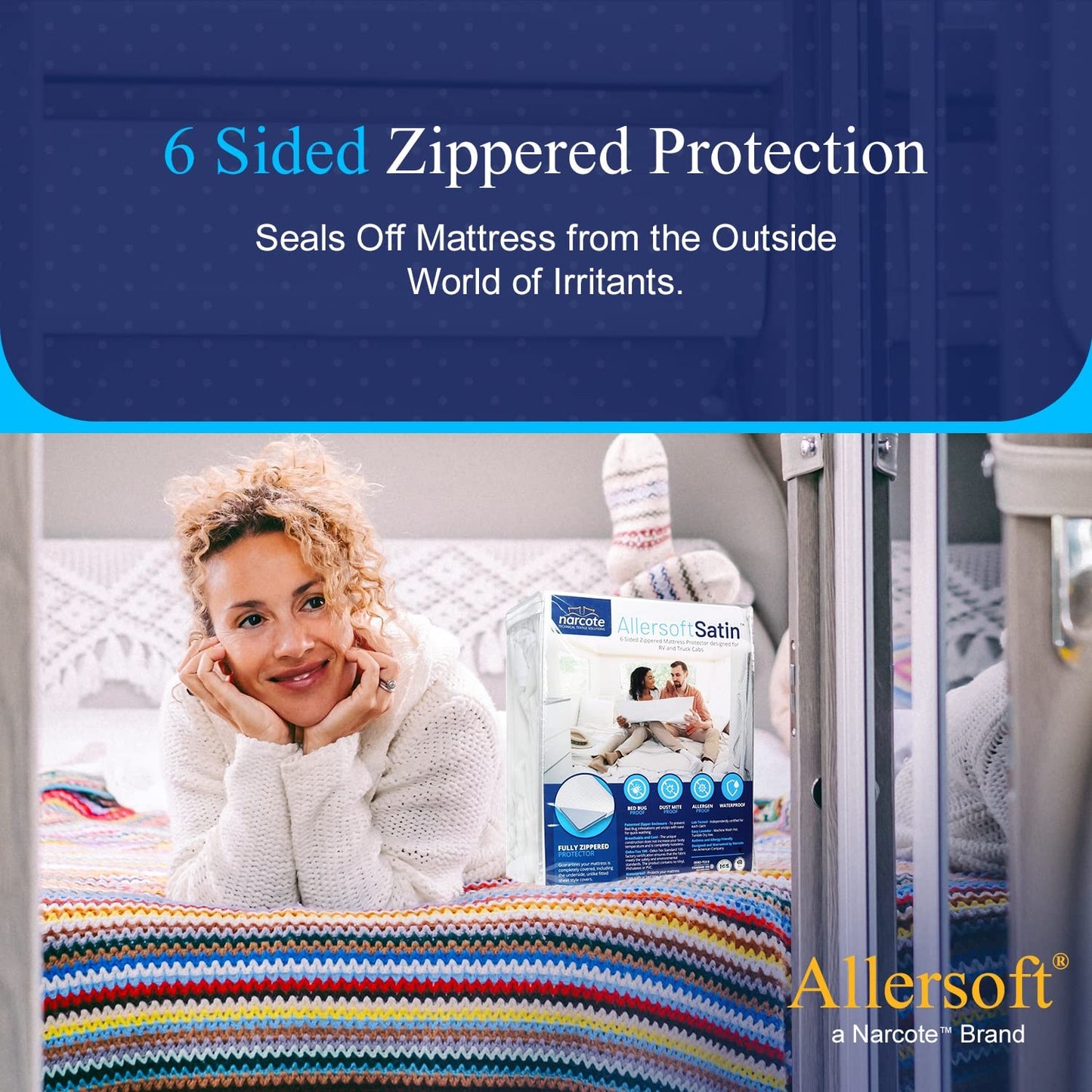 RV 6 Sided Zippered Mattress Protector with Secure Locking Zipper for 60x75 RV Short Queen. Creates a Natural Seal Around Your Mattress from Dust, Pet Dander, Pollen, Liquids & More. Oeko-Tex Cert