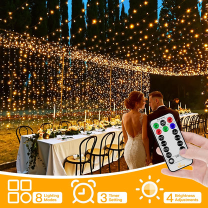 Ollny 20m 200 LED Outdoor Fairy Lights Mains Powered, Warm White Waterproof String Light with Plug/Remote/Modes/Timer, Bright Lighting Outside Indoor Garden Party Wedding Decorations