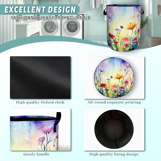 Watercolor Flowers Laundry Basket Wildflower Foldable Funny Laundry Hamper