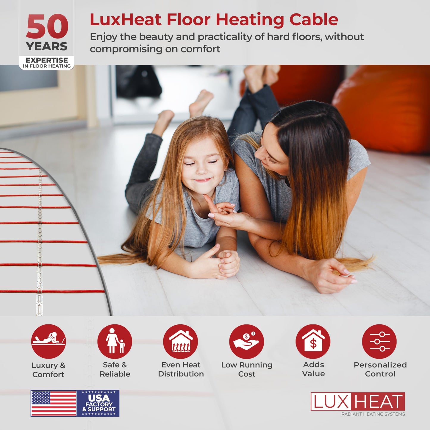 LuxHeat 25sqft Floor Heating Cable Kit - 120v Heated Tile Floor Kit - Heated Flooring System Includes UWG4 WiFi Programmable Thermostat w/GFCI, Electric Heat Cable, Strapping, Flooring Sensor & Alarm
