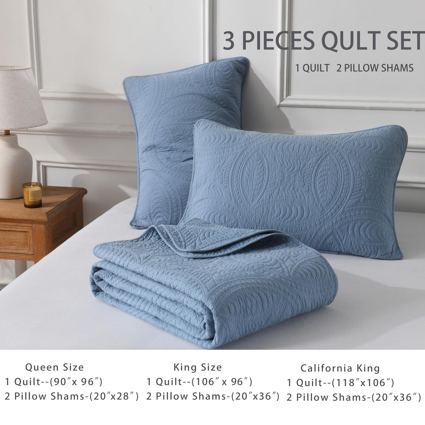 Homzard Quilts Queen Size 100% Cotton Quilt Set, Dusty Blue Queen Size Bedspread Set,Coin Pattern Quilted Bedspread Set,Solid Modern Comforter Set Coverlet 3 Piece Bed Set, All Season