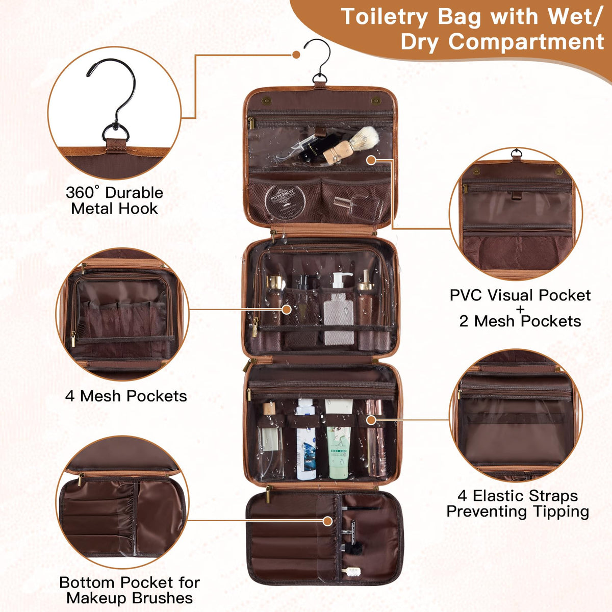 Aganmi Personalized Hanging Toiletry Bag Travel Gifts for Men Him, 3-in-1 Large Laser-Engraved Initial Waterproof PU Leather Shaving Bag Valentines Birthday Gift for Men Dad Husband Light Brown M