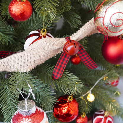 Winlyn Rustic Sleigh Bell Garland - 6 Yards Burlap with Buffalo Plaid Ribbon - Metal Jingle Bells - Farmhouse Christmas Tree & Banister Mantel Decoration