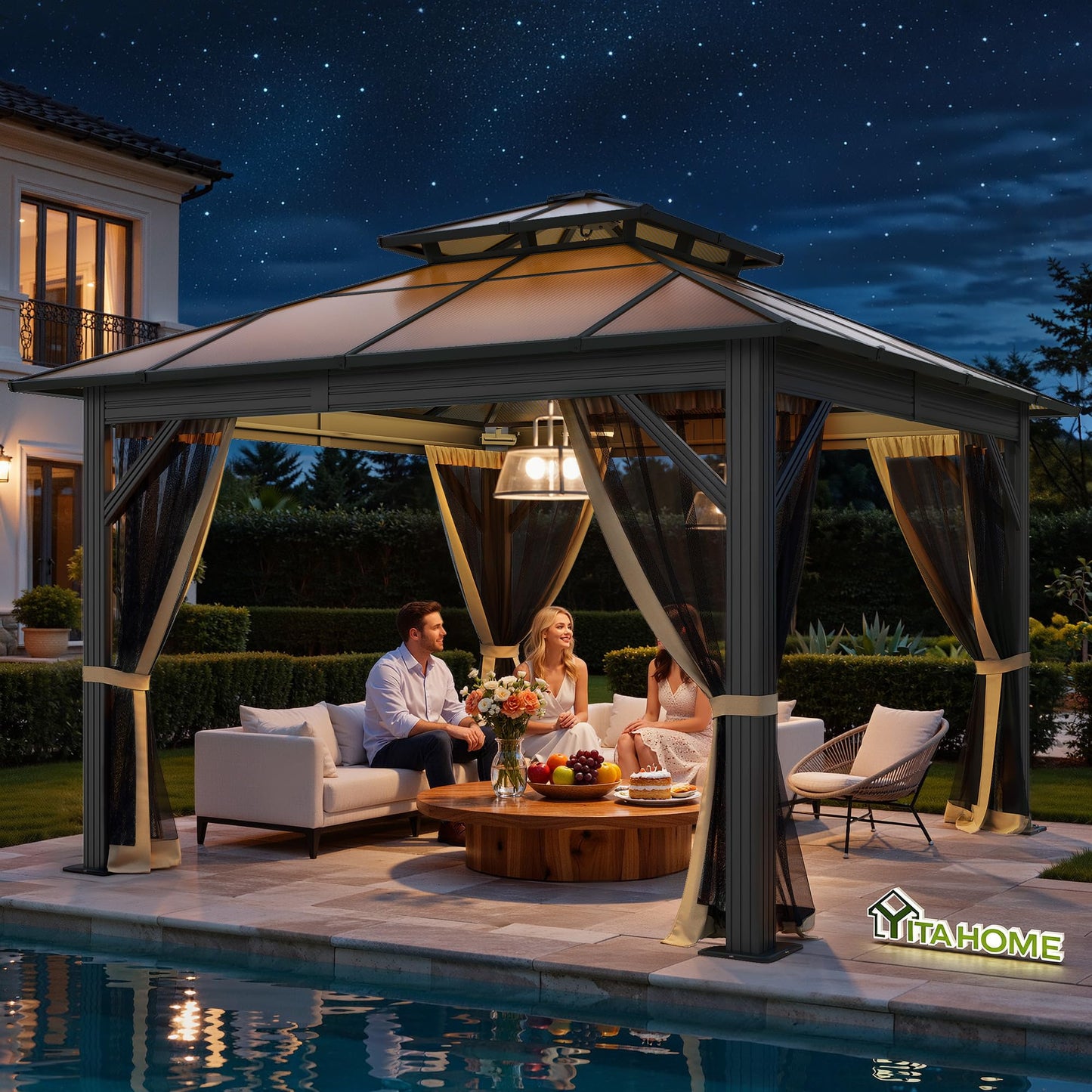 YITAHOME 10x10FT Gazebo Hard-Top Double Roof Canopy Outdoor with Netting and Shaded Curtains, Metal Frame Polycarbonate Hardtop Garden Tent for Patio, Backyard, Deck and Lawns, Brown