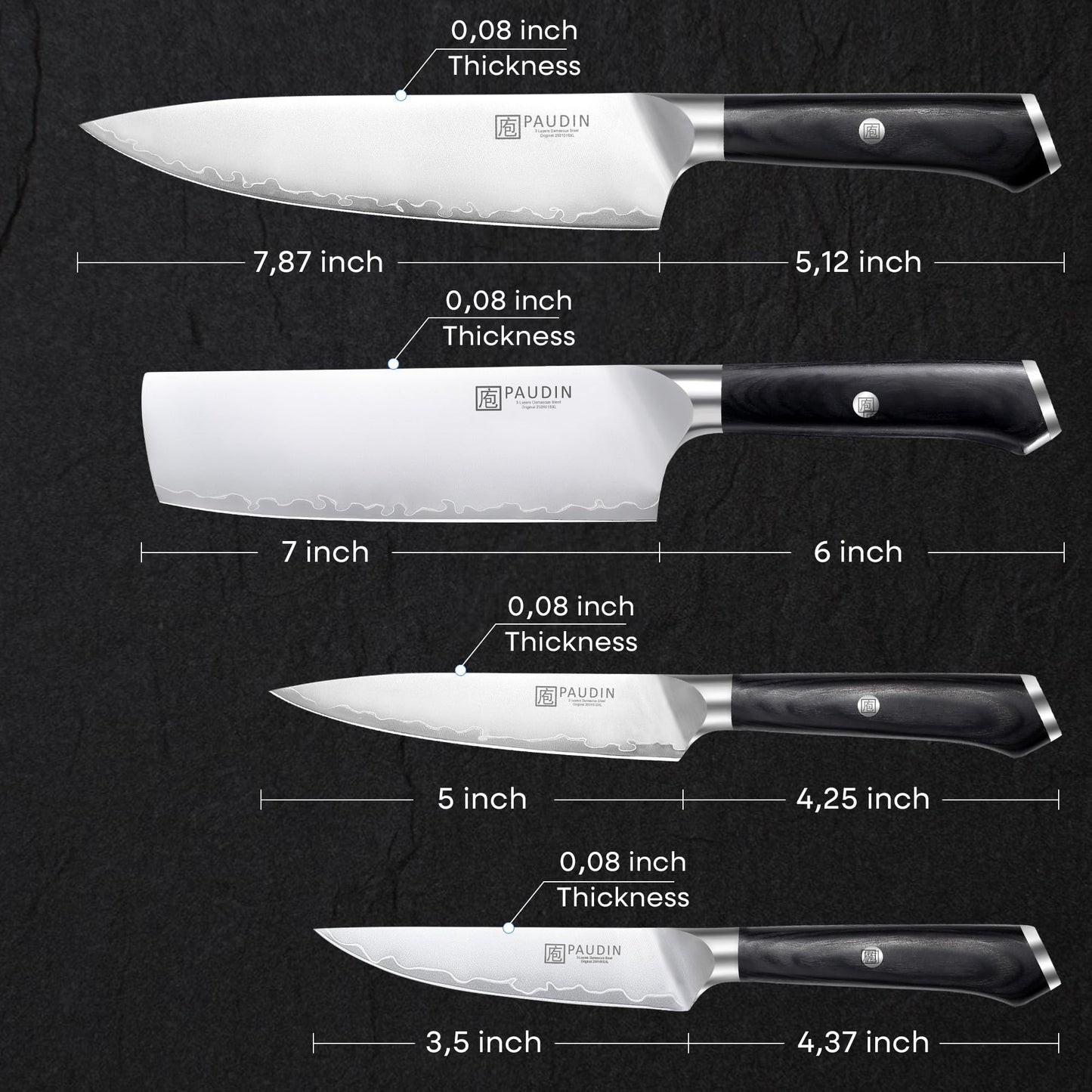 PAUDIN Kitchen Knife Set, 4 Pieces Chef Knife Set, High Carbon Stainless Steel Knife Set, Ultra-Sharp Knives Set for Kitchen with Ergonomic Wooden Handle, Gifts for Men and Women