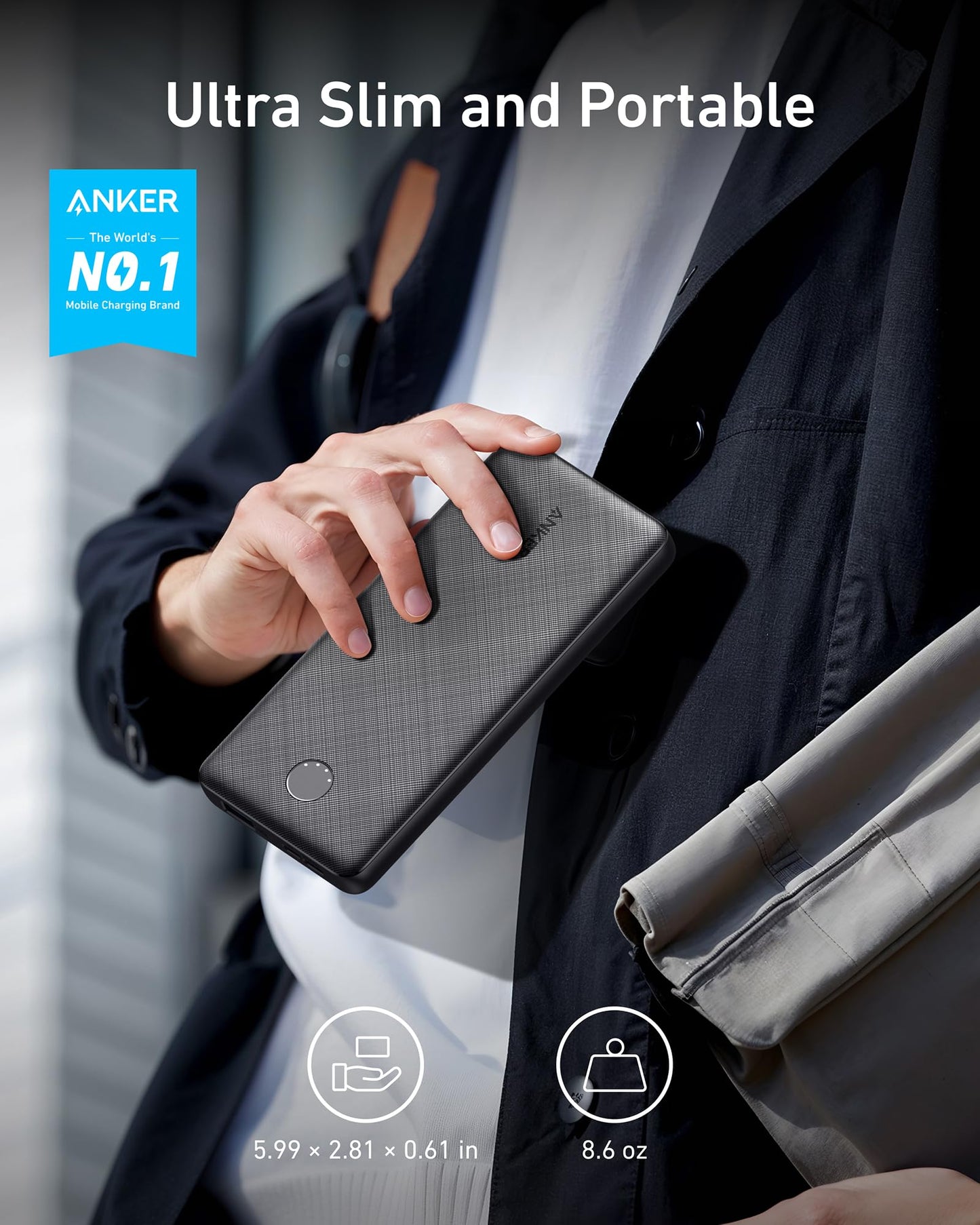 Anker Power Bank(PowerCore 10K), Compact Travel-Ready 10,000mAh Battery Pack with PowerIQ Charging Technology, 5V/3A High-Speed Charging for iPhone, iPad,and More(USB-C Input and Output(Black), 1pack)