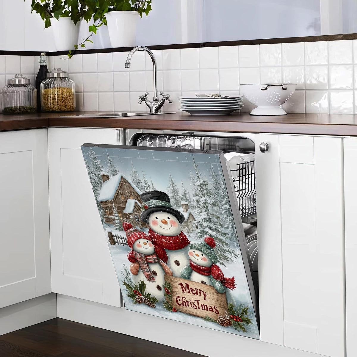 Merry Christmas Magnetic Dishwasher Cover,Washable Reusable Cute Snowmen Refrigerator Appliance Front Panel for Kitchen Decor,23 x 26 Inch