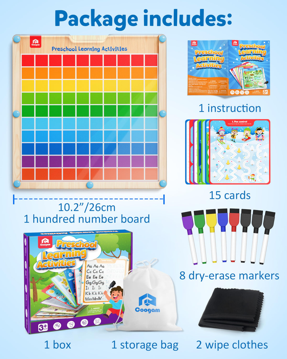 Coogam Handwriting Hundred Board, Wooden Montessori Math Manipulative 1-100 Counting Toy, Alphabet Writing Practice, Preschool Learning, Fine Motor Skills Game for Kids 3-8 with Storage Bag