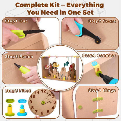ZLemma Cardboard Construction Kit - 401 PCS Kids Building Set with Safe Serrated Cutter, Crease Roller, Screws & Nuts, STEM Upcycled Tool for DIY Cardboard Projects, Engineering & Creativity