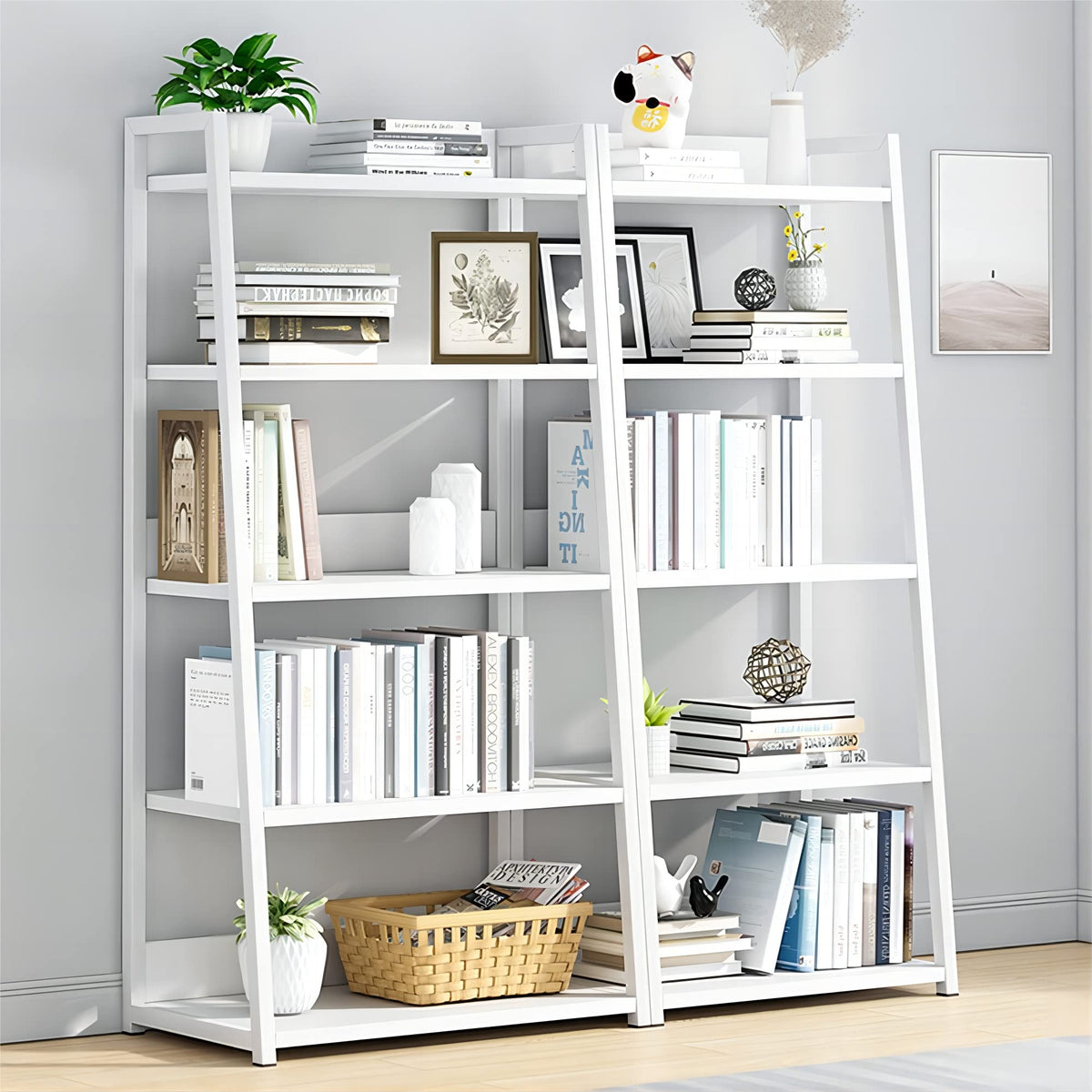 IOTXY 5 Tier Open Bookshelf - Steel and Wood Display Stand, 19.7" Width Floor-Standing Bookcase, White