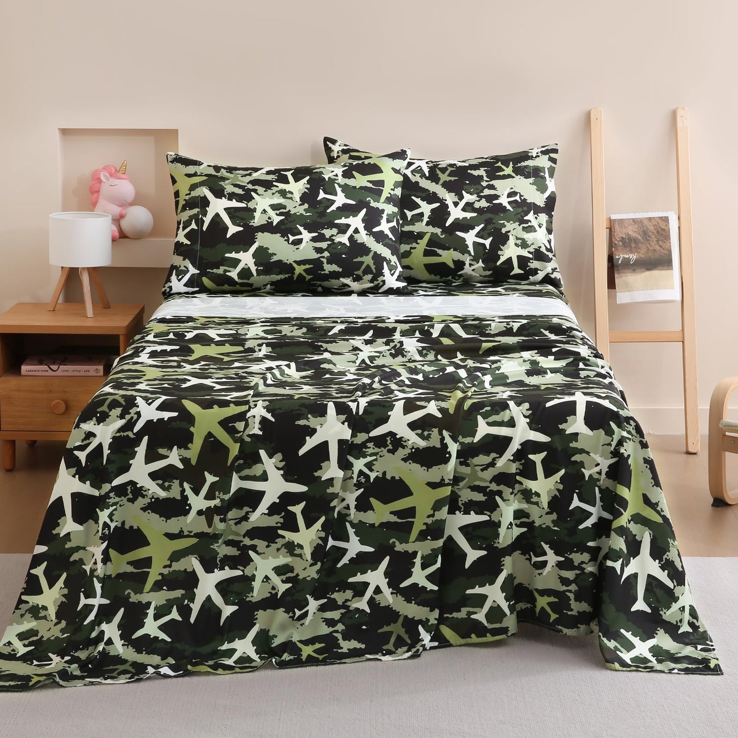 Yibeizi Airplane Sheet Set for Boys Full, Kids Camouflage Green Print Bedsheets Microfiber Deep Pocket Cute Patterned Bed Sheet & Pillowcase Sets 4 Pieces
