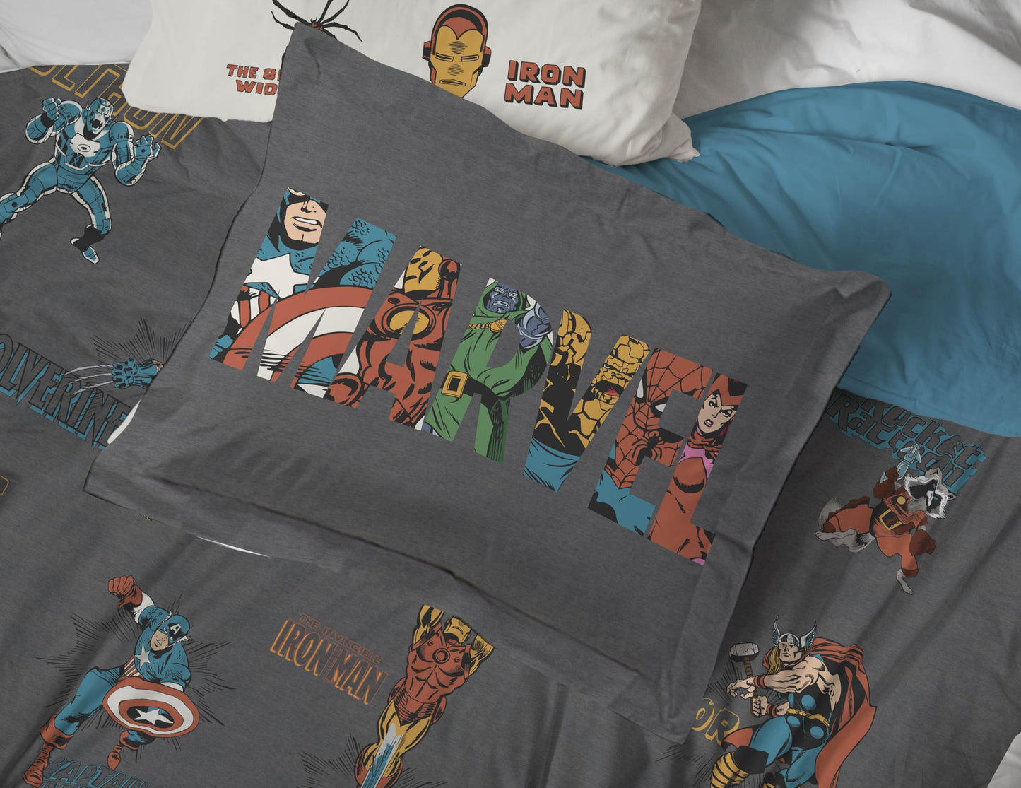 Jay Franco Kids Comforter Set Includes Sheets and Pillow Covers - Soft and Cozy Bed Set for Stylish Room Decor, Official Licensed Bedding, Gray - Marvel Comics, 7 Piece Full