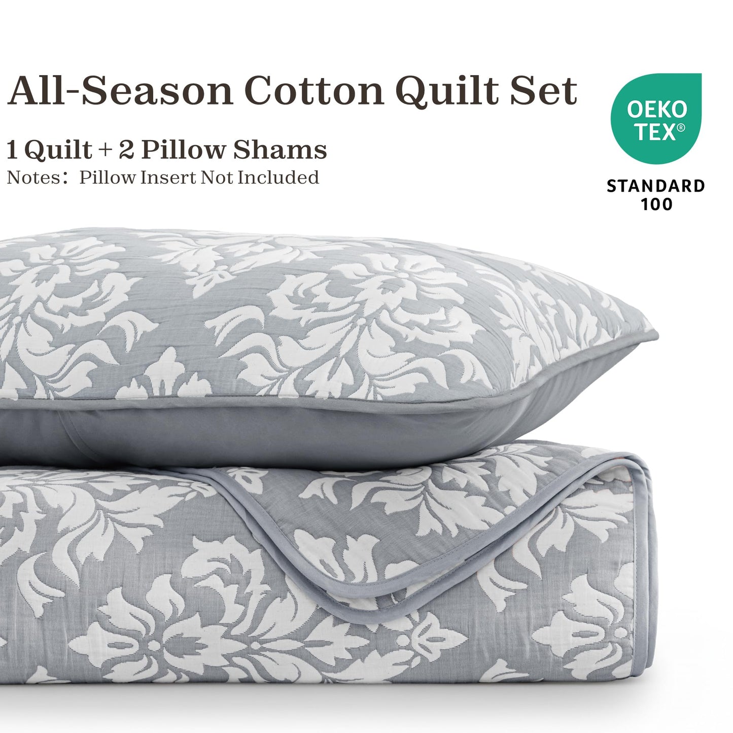 Exclusivo Mezcla Cotton Quilts King Size Grey, Soft Lightweight Bedspread Breathable Prewashed Bed Coverlet with 2 Pillow Shams, Boho Pattern Yarn Dyed Muslin Quilt Bedding Set for All Seasons