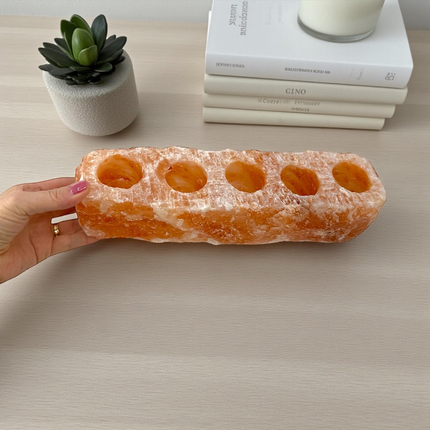 Himalayan Salt 5-Tealight Candle Holder, Natural Pink Crystal, 13 x 3 x 3 Inches, Hand Carved Votive Holder, 6-7 Pounds