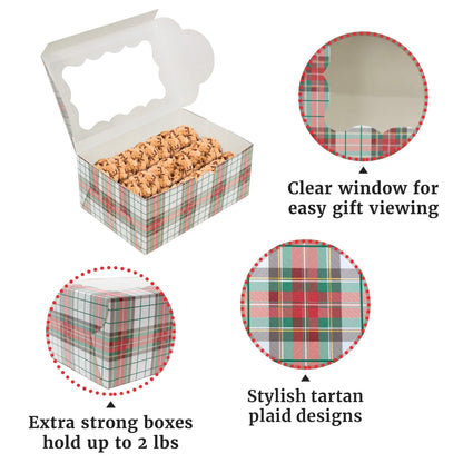 Christmas Cookie Boxes - 12 Pack - White & Red Tartan Plaid Bakery Gift Box with Window - Perfect for Pastries, Cupcakes, Macarons, Candy, & Treats - LG Size Easily Fits a Dozen Cookies - 12 pcs