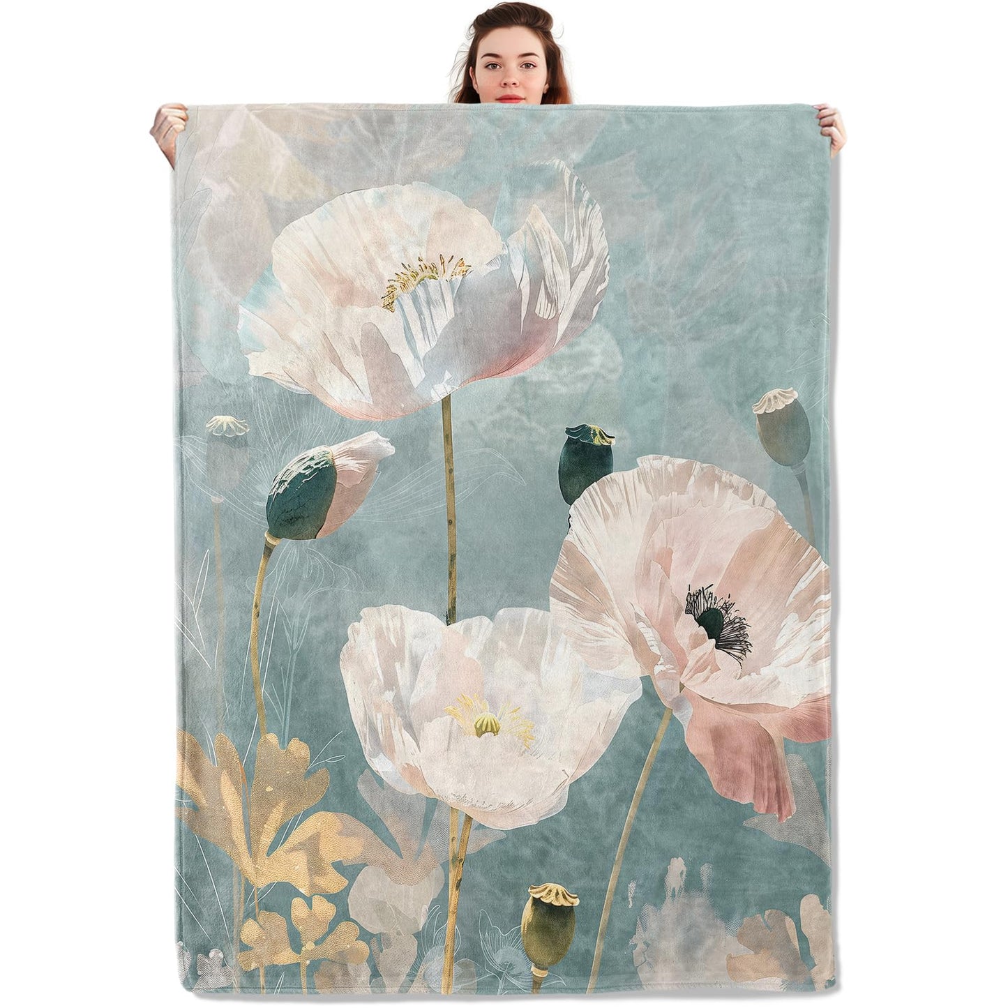 qxfqxf Elegant Pastel Floral Blanket Lightweight Blankets Gifts for Women Flannel Throw with White and Pink Flower Printed for Sofa, Bed, Travel, Picnic, Camping, Office, Decor Throws 60x50 Inch