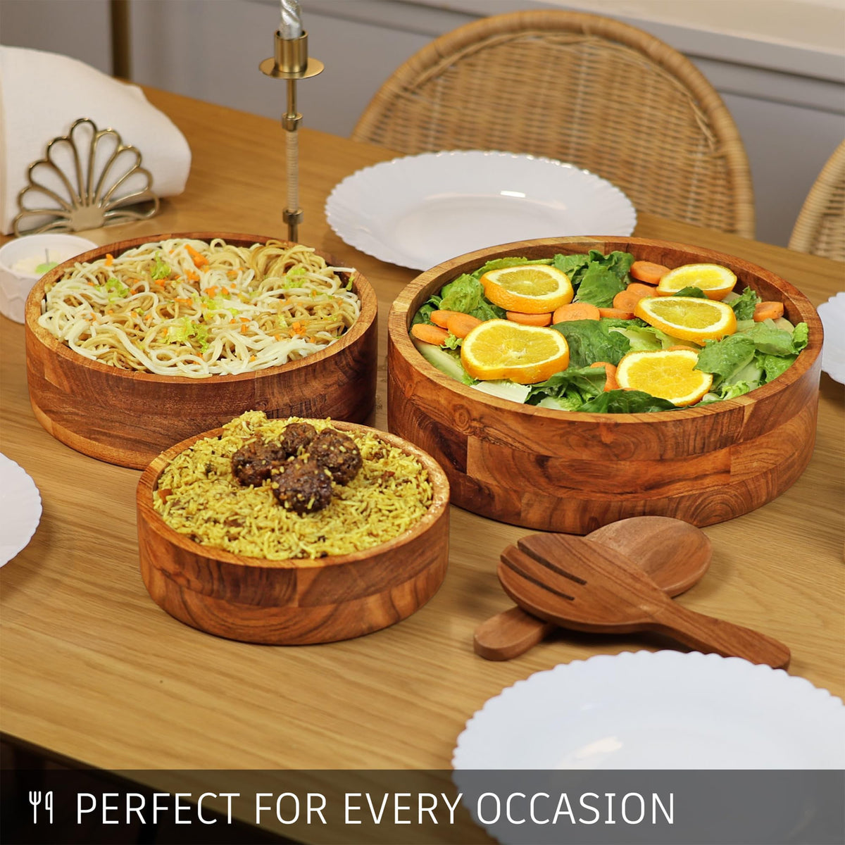 Wooden Acacia Round Bowl Set of 3 (12″,10″,8″), Wooden Salad Bowls-Multi-Purpose, Kitchen, Dining, Serving Food, Salads, Fruits - Handmade, Decorative, Rustic, Eco-Friendly, Food-Safe, Wood Serveware