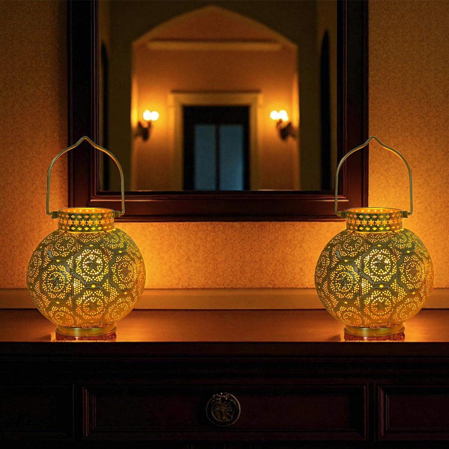 TRIROCKS Set of 2 Moroccan Style Metal Table Lamp 7'' High Battery Powered Cordless Lamp with LED Fairy Lights Bulb Perfect for Home Living Room Parties Tabletop Indoors(Gold)