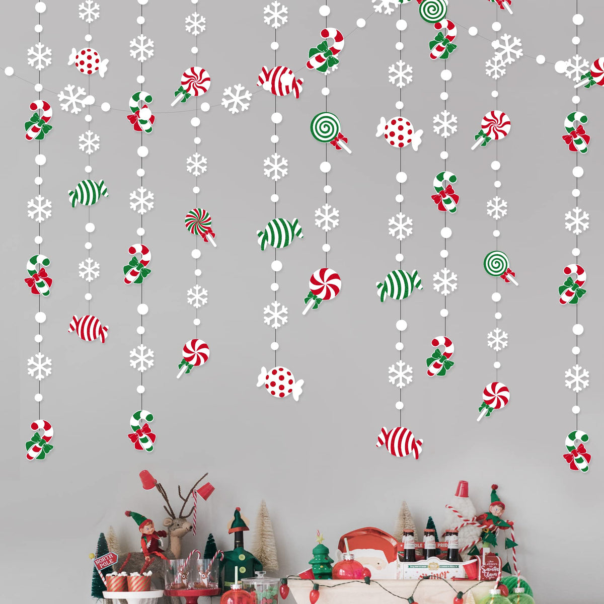 52 Ft Candyland Christmas Decorations Garland Red Green Sweet Candy Cane Lollipop White Snowflake Dot Glitter Paper Hanging Streamer Banner for Merry Christmas Winter Holiday Xmas Party Supplies