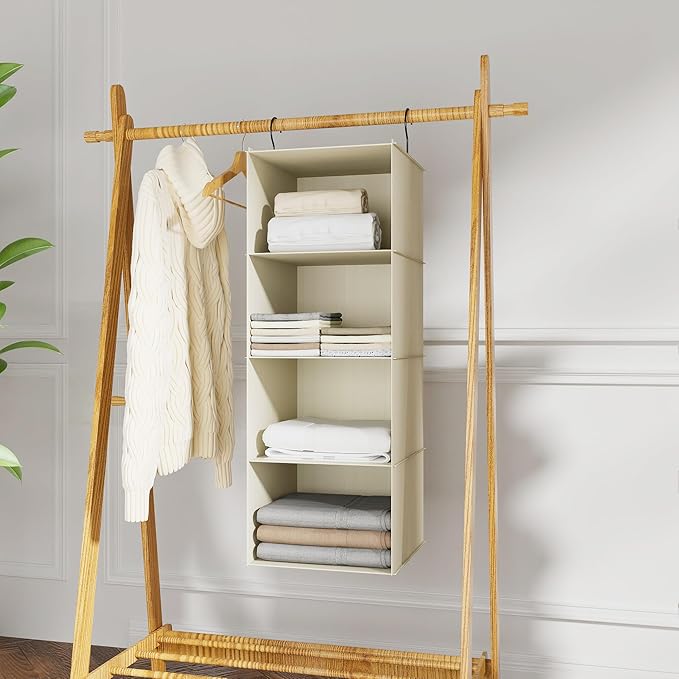 Hanging Closet Organizer, Easy Mount Foldable 4-Shelf Hanging Closet Wardrobe