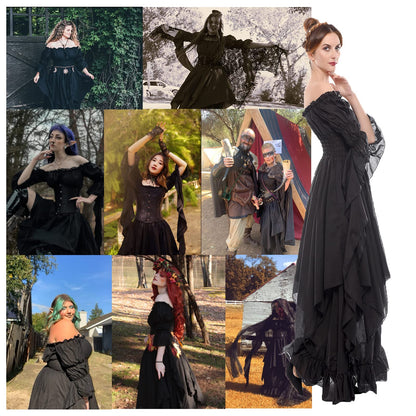 LTAKK Renaissance Dress Medieval Costume Victorian Dresses Women Peasant Gothic Fairy Witch Wedding Under Dress, Black, S/M