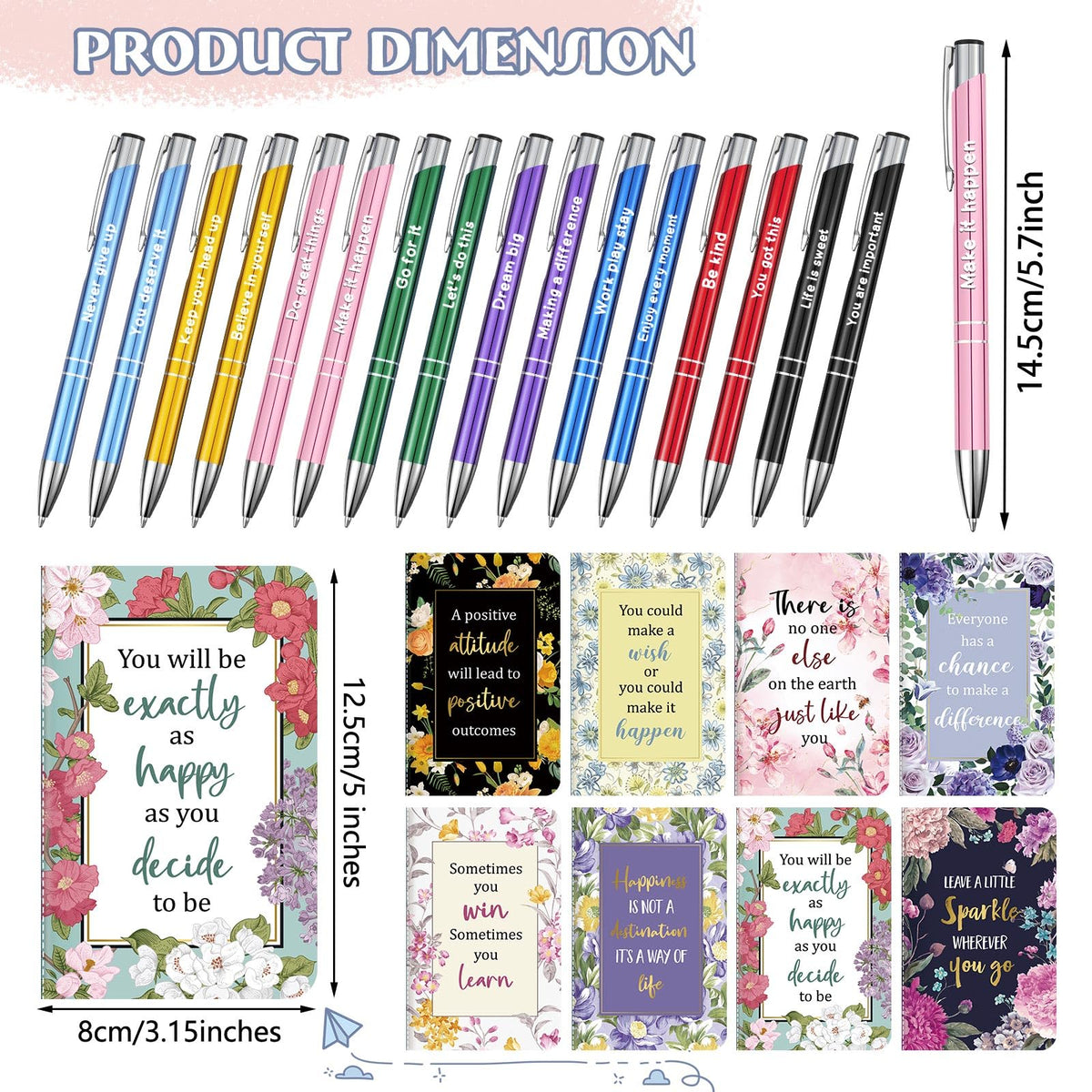 Funrous 32 Pcs Motivational Quote Pens Inspirational Notepads Mini Journal with Ballpoint Pen Small Notebooks Gift Set for Men Women Coworkers, Adult Party Favors Christmas Prizes Gift(Motivational)