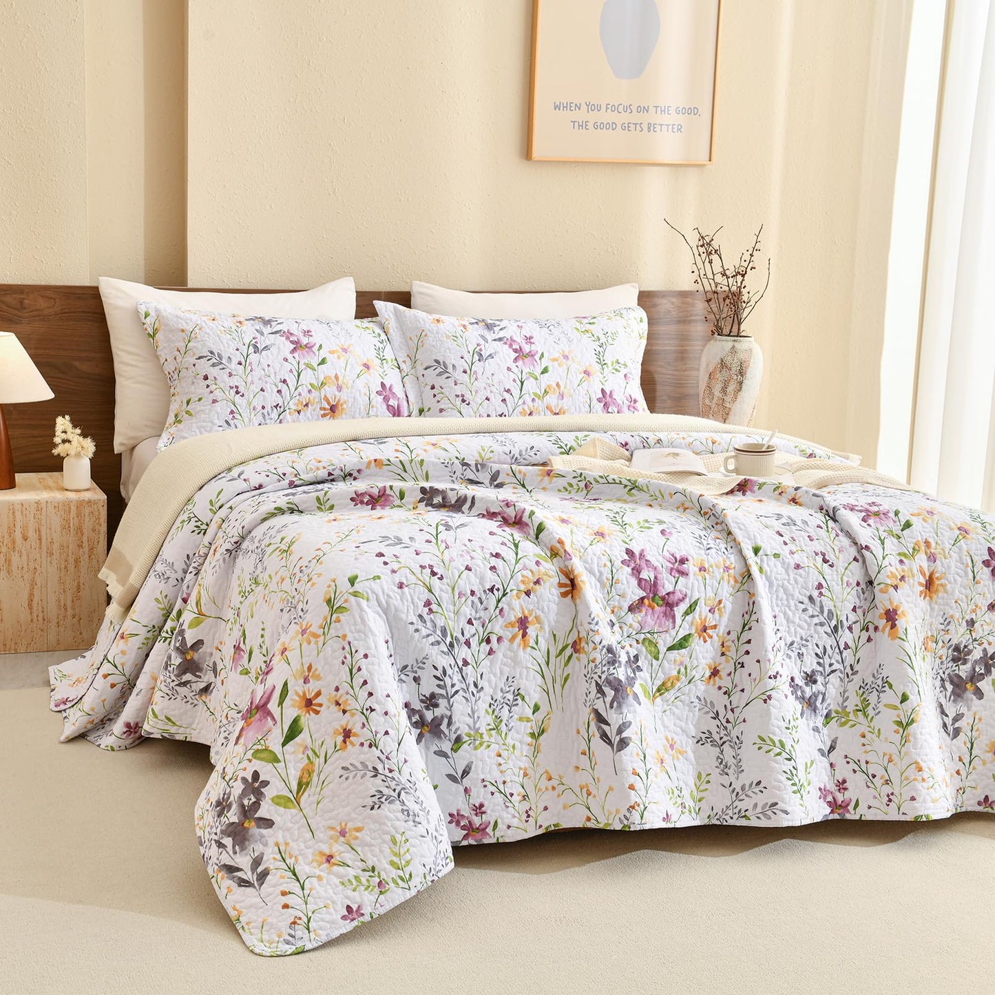 Sanracie 100% Cotton Quilt Queen Size(90"x98")-Floral Quilted Bedspreads Set,3pcs Yellow Wild Flower Botanical Printed Pattern Quilt Bedding Coverlet Summer Soft Lightweight Aesthetic Bedding