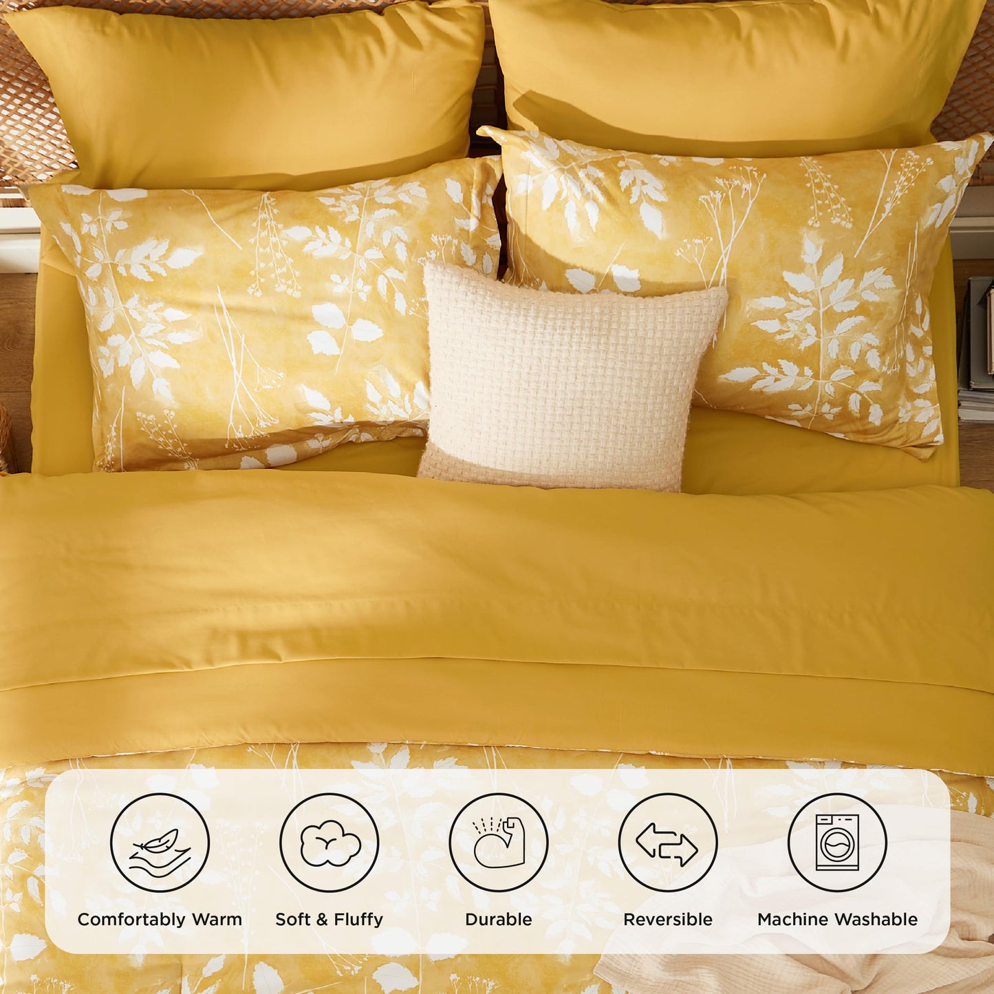 Bedsure Queen Comforter Set - 7 Pieces Floral Yellow Soft Bedding Sets, Queen Bed in a Bag with Botanical Flowers Comforter, Sheets, Pillowcases & Shams