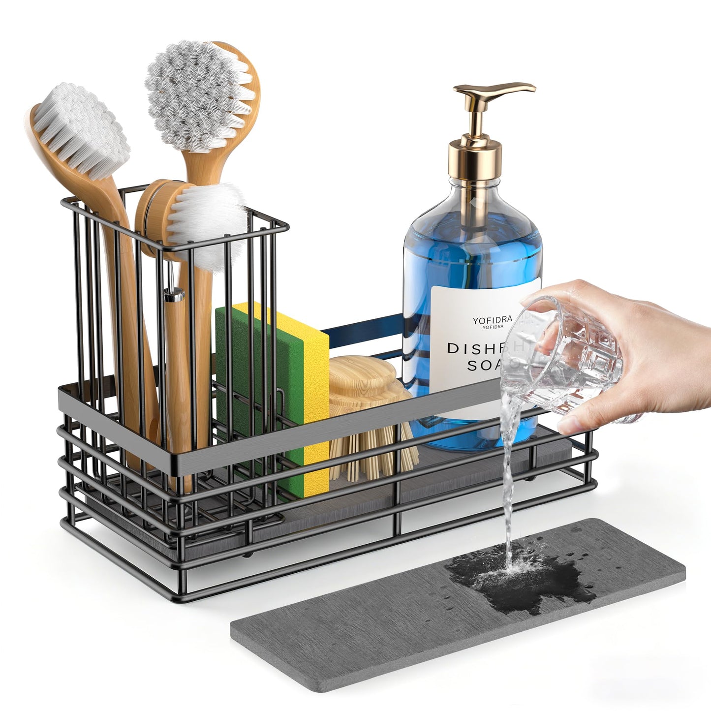 Yofidra Sponge Holder for Kitchen Sink, Sink Caddy Organizer with Stone Drying Mat, Kitchen Countertop Organizers and Storage Essentials, 304 Stainless Steel (Black, 9.29″ L)