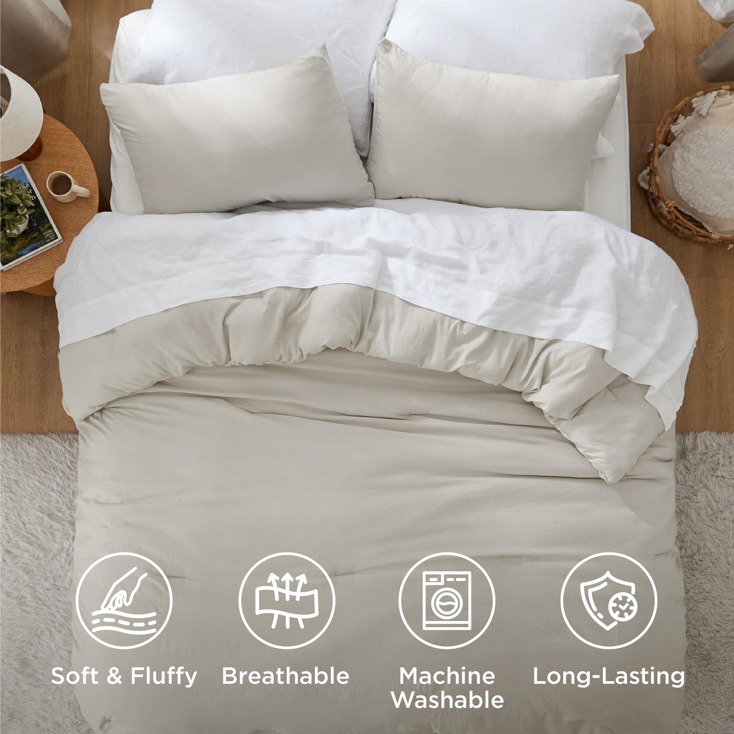 Bedsure Queen Comforter Set, Beige Soft Prewashed Bedding for All Seasons, 3 Pieces GentleSoft™ Bed Set, 1 Lightweight Comforter (90"x90") and 2 Pillowcases (20"x26")