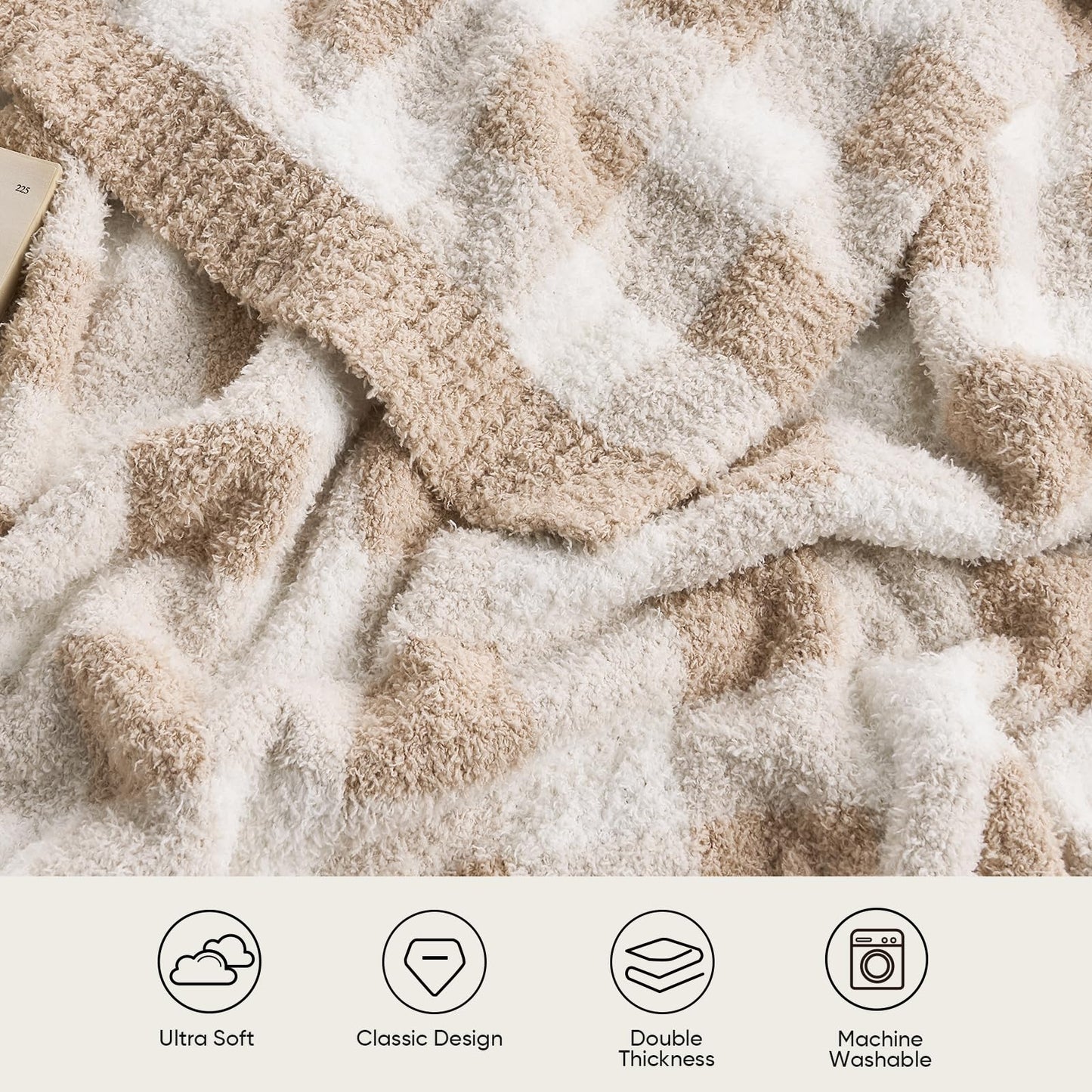 Snuggle Sac Checkered Throw Blanket for Couch, Super Soft Cozy Warm Knit Netural Decorative Fluffy Blankets, Reversible Buffalo Plaid Microfiber Throws for Sofa Bed, Plaid Beige, 50x60 Inches