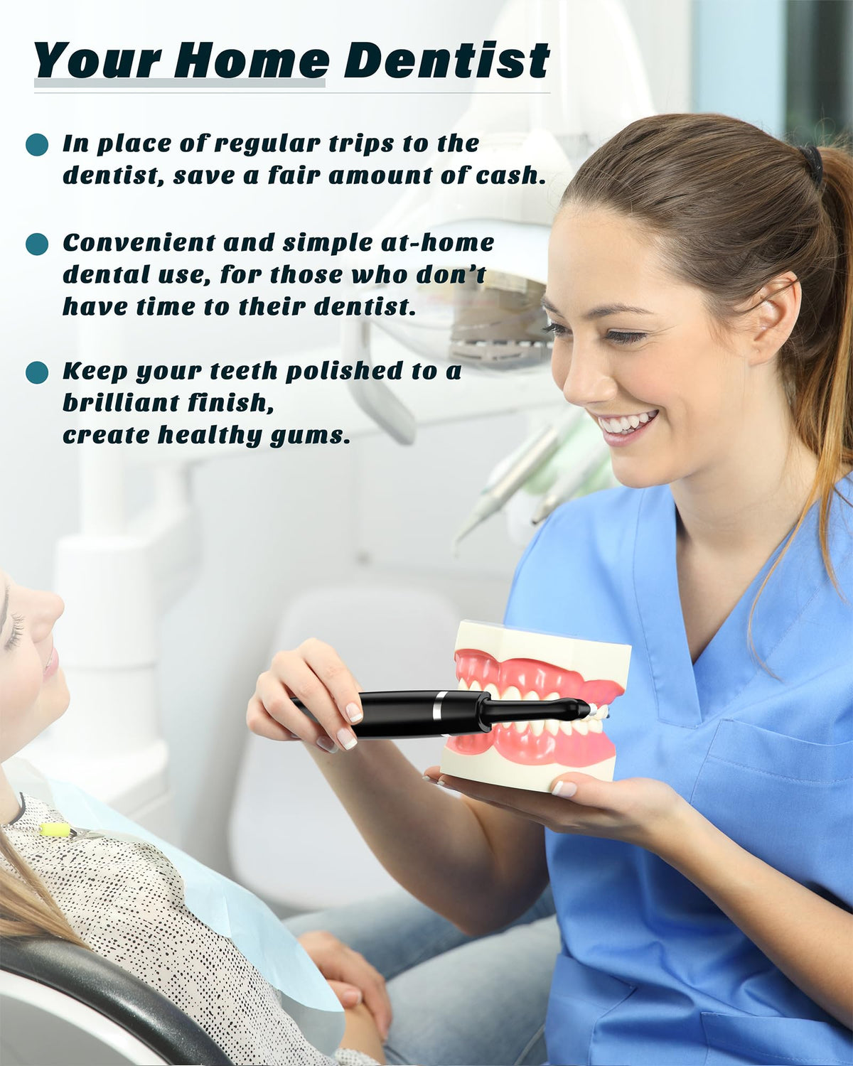 Tooth Polisher, Rechargeable Tooth Whitening Kit for Teeth Cleaning and Whitening, with 3 Tooth Polish Paste and 5 Brush Heads, LED Light, Easy to Use at-Home Personal Dental Care Kit (Black)