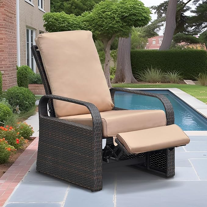 ATR ART TO REAL Outdoor Recliner, Outdoor Wicker Recliner Chair with 5.12'' Cushions, Automatic Adjustable Patio Chaise Lounge Chairs, Aluminum Frame. UV Protected and Rustless (Khaki)