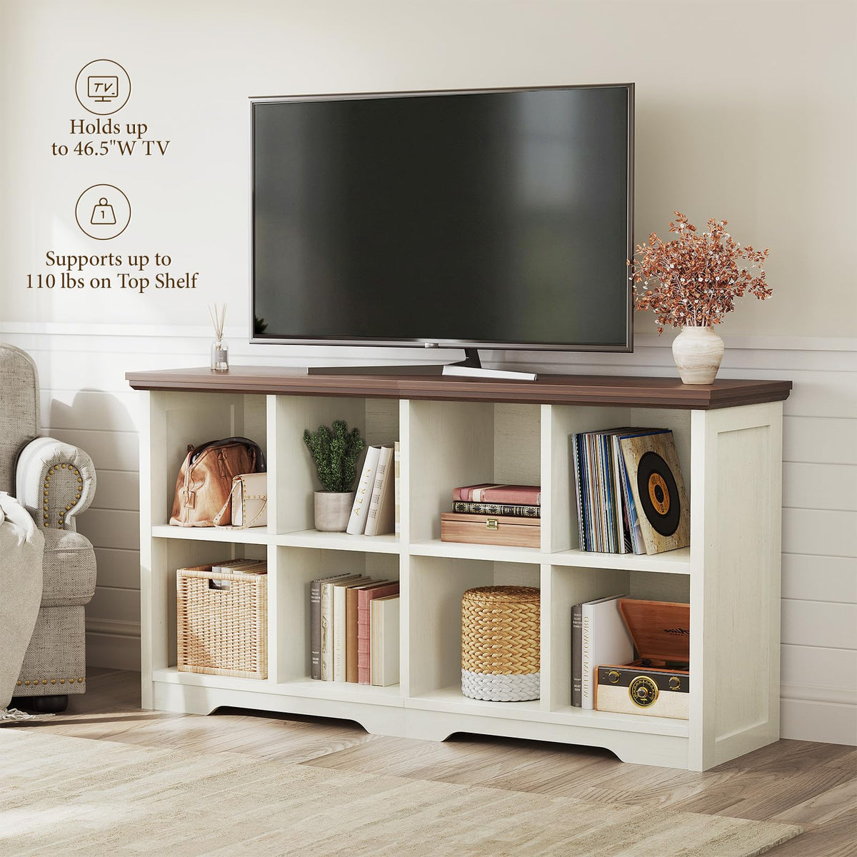 OffiGo 8 Cube Organizer Bookcase, Modern Farmhouse Open Shelf for Storage Bins & Decor, Display Bookshelf Console Closet for Living Room, Bedroom, Home Office, Walnut+White