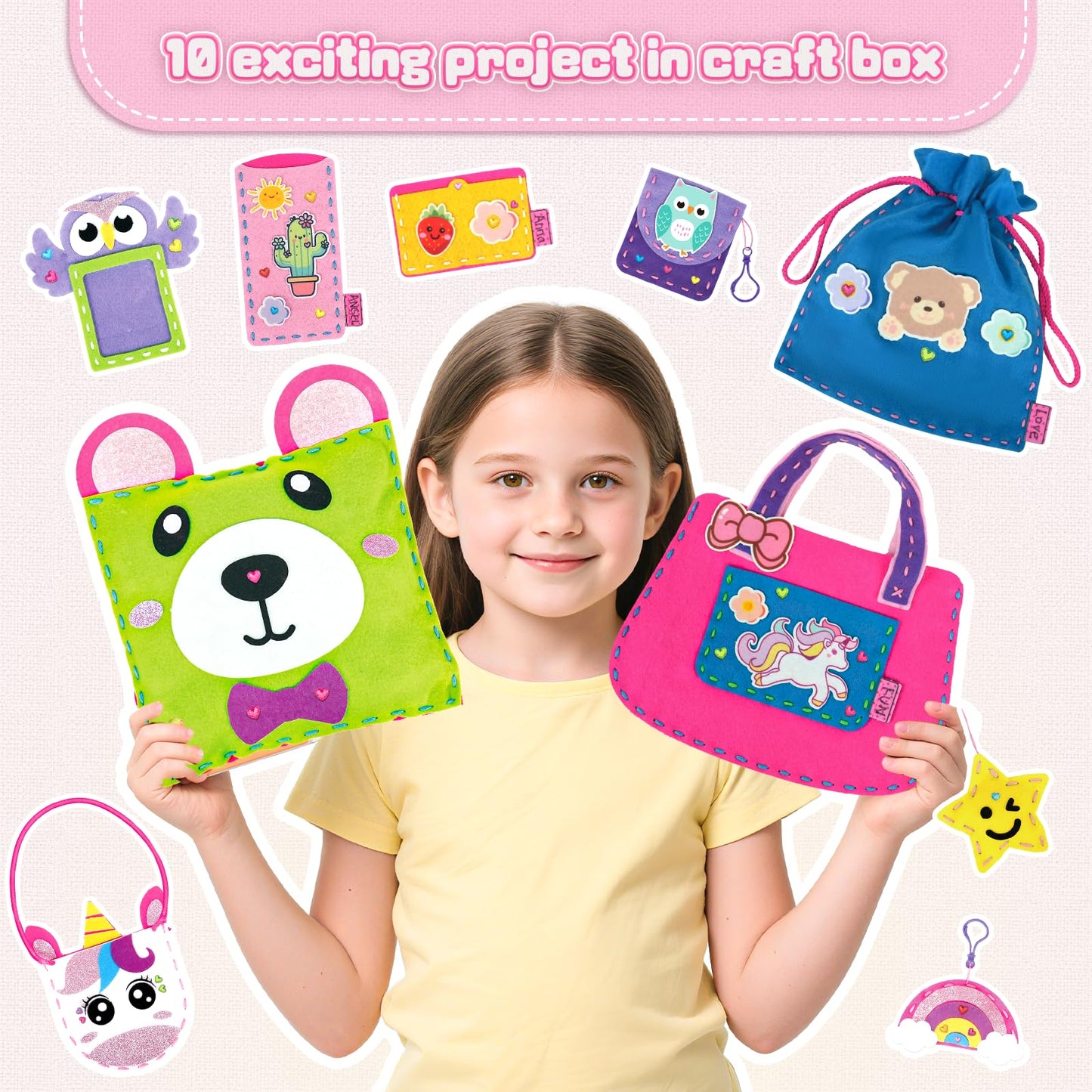 Sewing Kit for Kids Beginner, 10 Easy DIY Projects of Stuffed Animal Dolls & Purse Handbags, Learn to Sew with Felt Embroidery Craft, Arts & Crafts Gift for Girls & Boys Ages 6-12