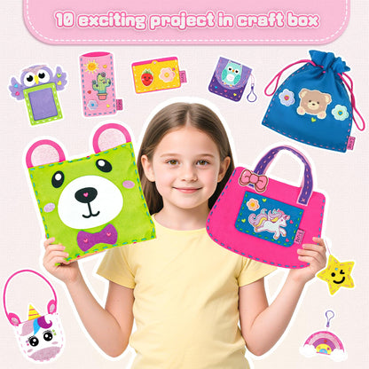 Sewing Kit for Kids Beginner, 10 Easy DIY Projects of Stuffed Animal Dolls & Purse Handbags, Learn to Sew with Felt Embroidery Craft, Arts & Crafts Gift for Girls & Boys Ages 6-12