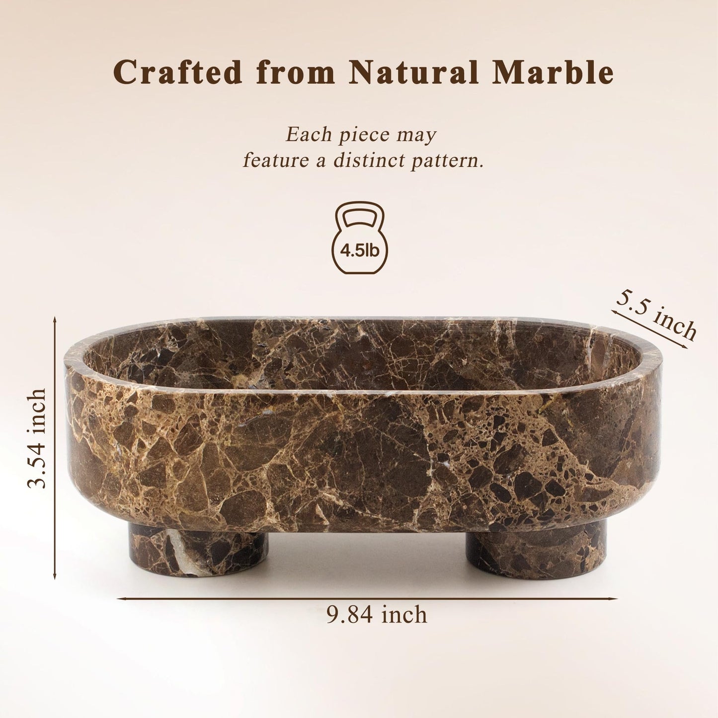 LIN CHUAN Natural Oval Marble Fruit Bowl for Kitchen Counter | Two-Legged Decorative Pedestal Bowl for Dining Table Decor, 10" Luxury Entryway Catchall Purse Bowl - Dark Brown