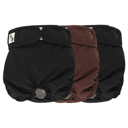 JM Female Dog Nappies - Highly Absorbent, Breathable Dog Nappy with Microfiber Pad & Waterproof Layer - Dog Period Pants Pack of 3, Washable Medium (Fit for 14"- 20" waist) Black & Brown