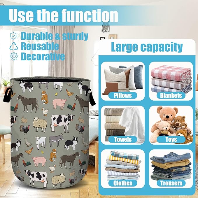 Funny Farm Animal Laundry Basket, Laundry Hamper Collapsible Oxford Cloth
