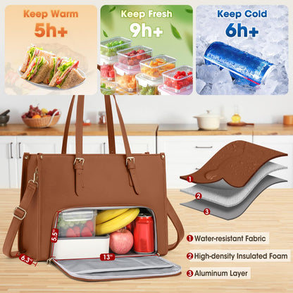 RAINSMORE Lunch Tote Bag for Women 15.6 Inch Laptop Bags with Insulated Lunch Compartment Large Leather Quilted Computer Tote for Teacher Nurse Work Collage Casual Brown