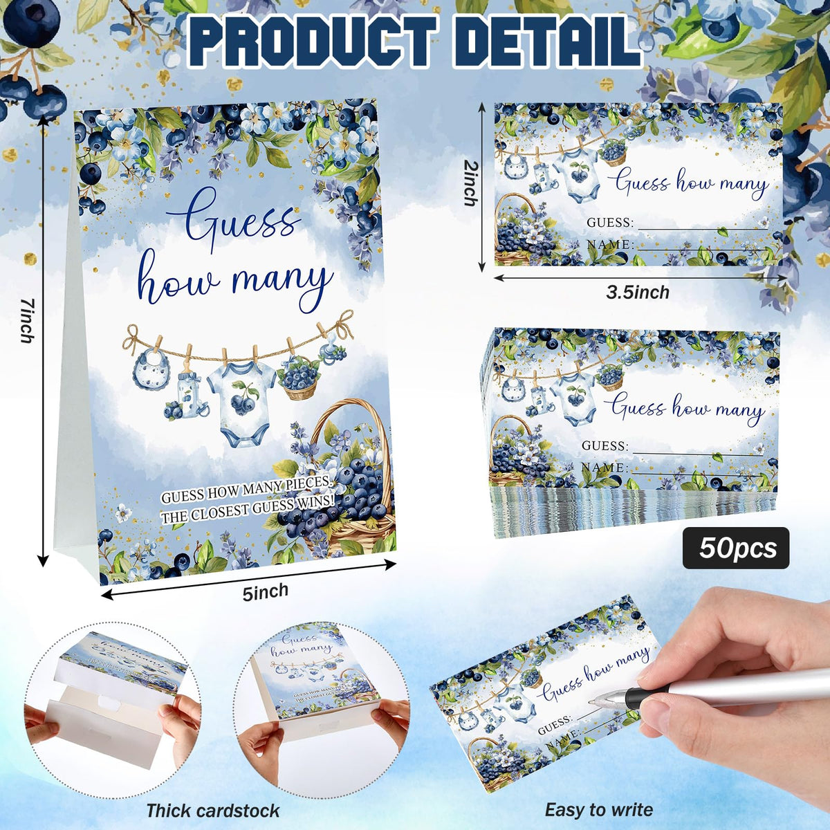 Lerheedi Blueberry Guess How Many Baby Shower Game Pack of 1 Tabletop Sign with Stand and 50 How Many Cards, a Berry Sweet Baby Is on the Way Gender Reveal Party Game Decoration