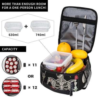 Gianlaima Skull Funny Skeleton Gothic Hippie Halloween Terror Rock Roll Flower Insulated Lunch Box For Women Man, Portable Lunch Bag Reusable Cooler Tote For Office Work Travel Picnic Camping Beach