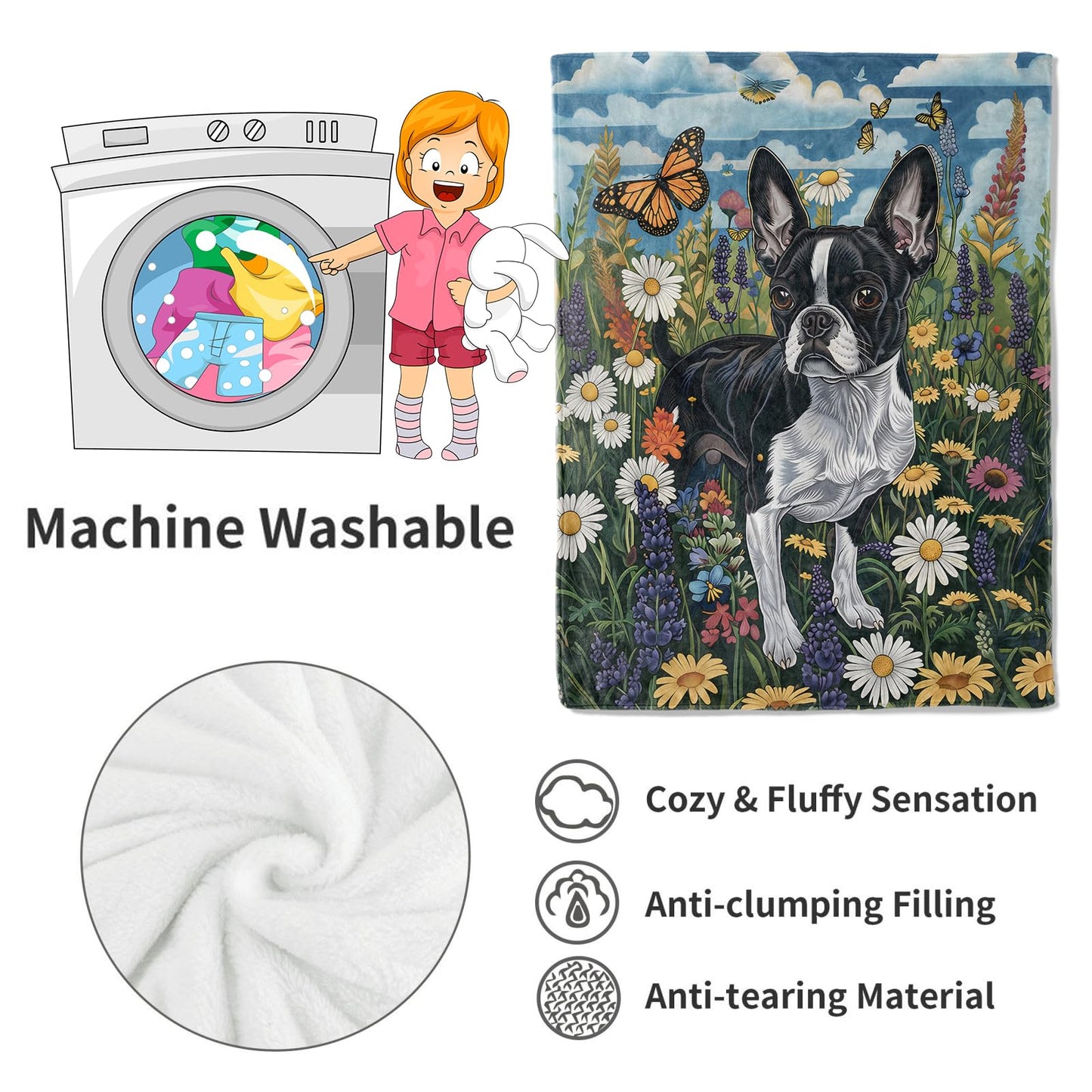 VODRM Boston Terrier Blanket Cute Dog Throw Blankets,Birthday Gifts for Kids Adult & Pet Lovers,Lightweight Soft Fleece with Wildflower and Butterfly,for Sofa Couch Bed Room Decor 50x60in