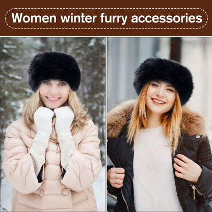 Dikoaina Womens Faux Fur Headband Winter Earwarmer Earmuff Ski, Black, One Size