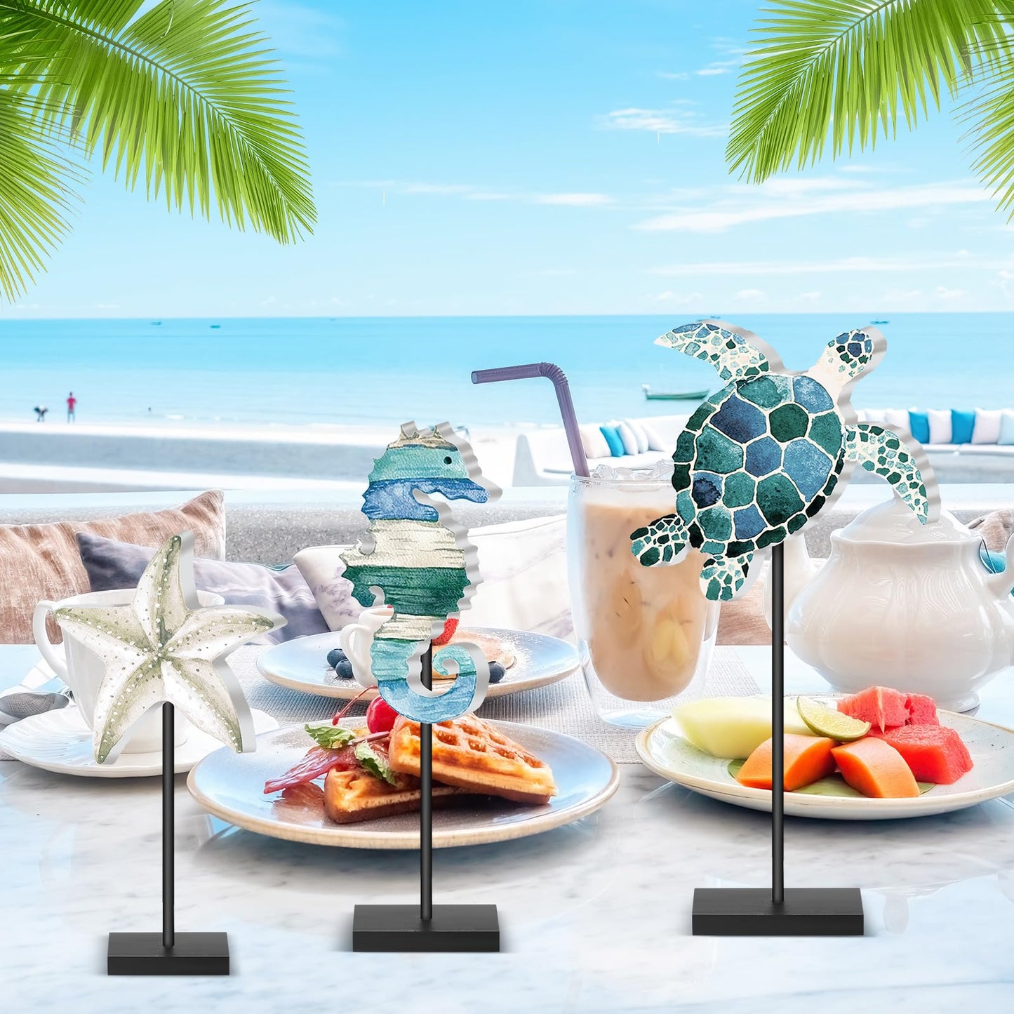 Tradder 3 Pcs Summer Ocean Tabletop Decor Standing Sea Turtle Starfish Seahorse Block Wooden Table Centerpiece Sign Coastal Beach Nautical Table Decor for Home Kitchen