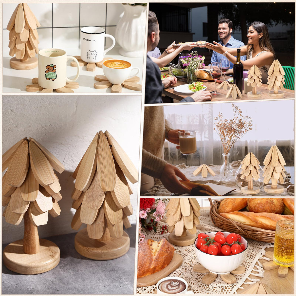 Wonderjune 4 Tree Trivet Set for Hot Dishes, 16 Wooden Trivets and 4 Stands, 2 Sizes Foldable Tree Shaped Coasters Decorative Hot Pad Mat Kitchen Table Decor for Pans, Pots, Cups(Bamboo Wood)