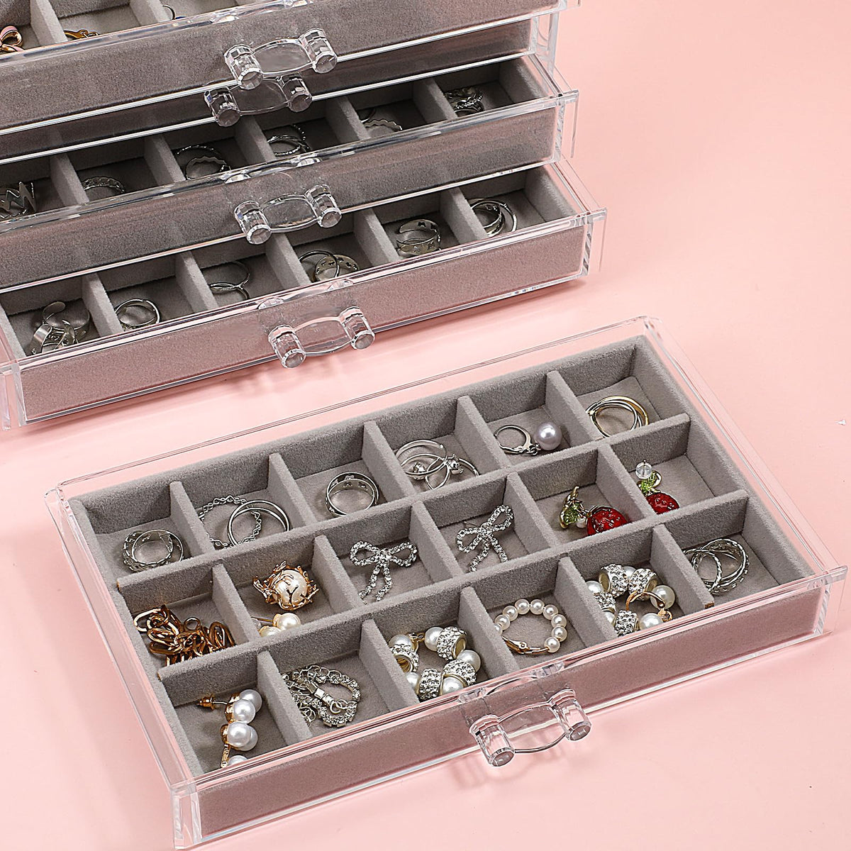 COMNICO Rock Display Case, 5 Layer 90 Grid Rock Collection Display Case Velvet Acrylic Clear Displays Cases Organizer for Collectibles Crystal Gemstone Fossil Stone