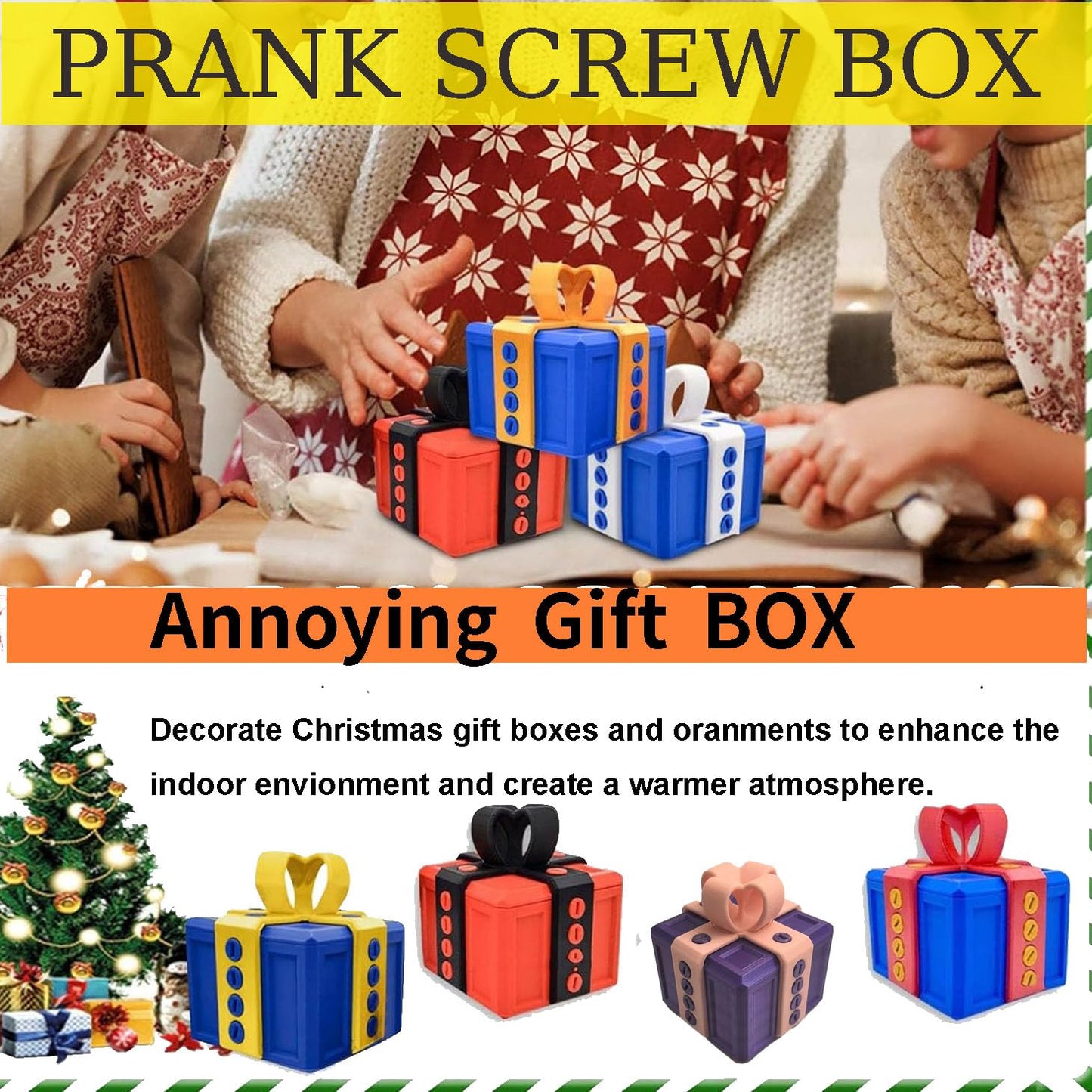 Annoying 3D Printed Gift Box with Screws - Funny Christmas Decoration, Magic Gift Box for Friends (Red and Green, Black Button)