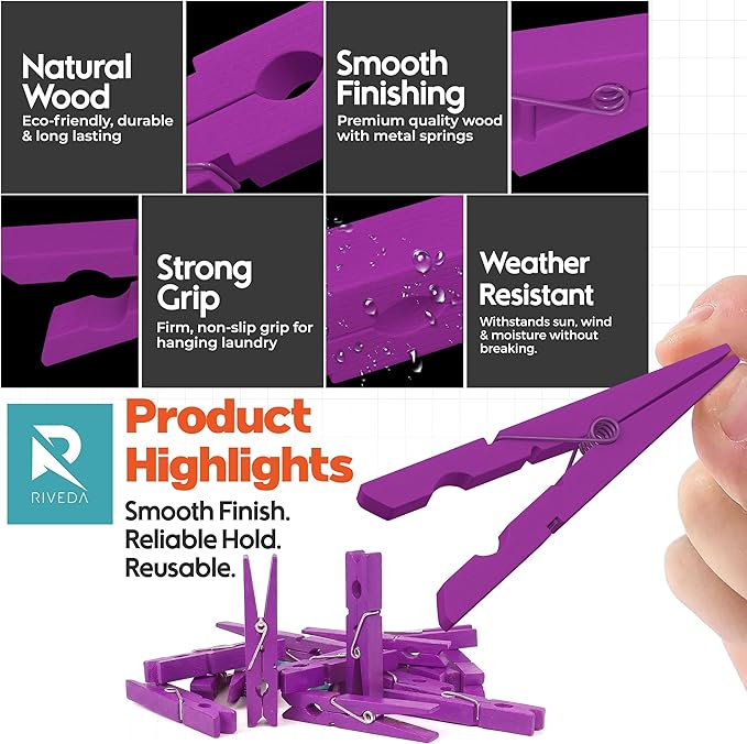 RIVEDA 50pcs Colored Wooden Clothes Pins, Clothespins