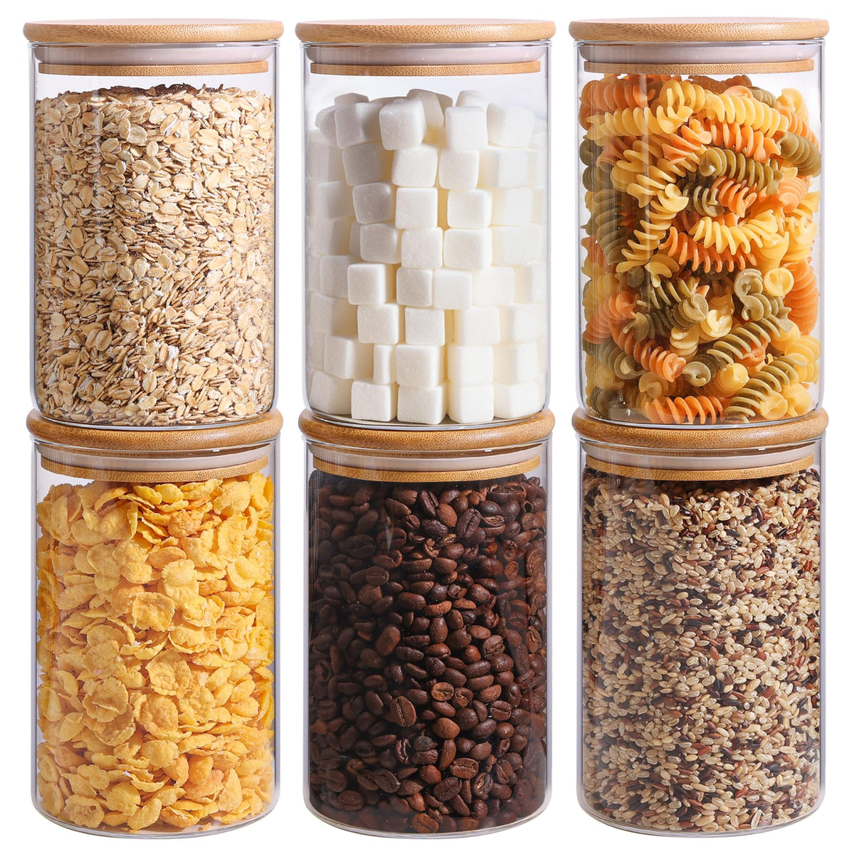 ComSaf 1 Qt Glass Storage Containers with Lids, Glass Jars with Lids, Clear Food Storage Jar, Round Canister Set of 6, Pantry Organizers for Cookie Pasta Flour Rice Tea Coffee Bean